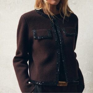 ZARA Beaded Wool Cardigan Jacket Brown Burgandy Embellished Trim Size Medium